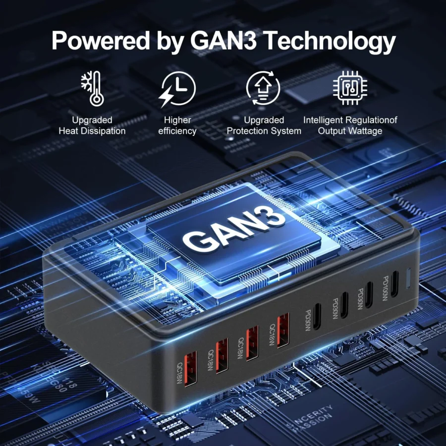 240W fast charging block, 6-port charging station suitable for iPhone/iPad/MacBook, 4C2A PD GaN charger box, USB tower hub, 5-fo - Image 3