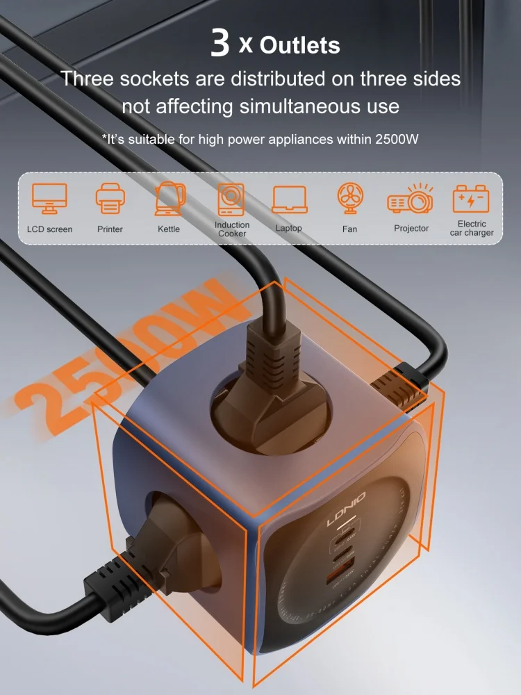 LDNIO Cube Power Strip 65W Surge Protector with 2M Extension Cord for Multiple Plug Types - Image 2