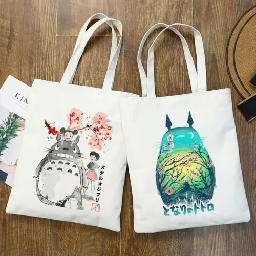 Kawaii Totoro Spirit Cartoon Ladies Handbag Fashion Canvas Shoulder Bag Eco Large Capacity Shopping Bag Leisure Travel Schoolbag