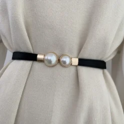 Elastic Women’s Belt with Elegant Double Pearls Buckle for Dresses and Skirts Decor