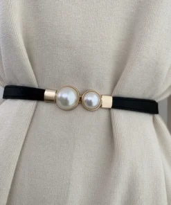 Elegant Double Pearls Buckle Elastic Women Belts Thin Straps Lady Girl Dress Skirt Decor Waistbands Trouser Decoration GM113