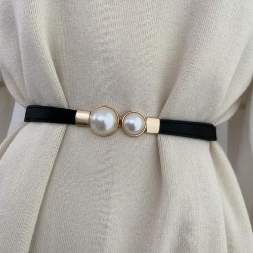 Elegant Double Pearls Buckle Elastic Women Belts Thin Straps Lady Girl Dress Skirt Decor Waistbands Trouser Decoration GM113