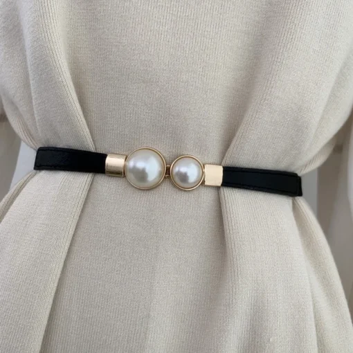 Elastic Women’s Belt with Elegant Double Pearls Buckle for Dresses and Skirts Decor - Image 7
