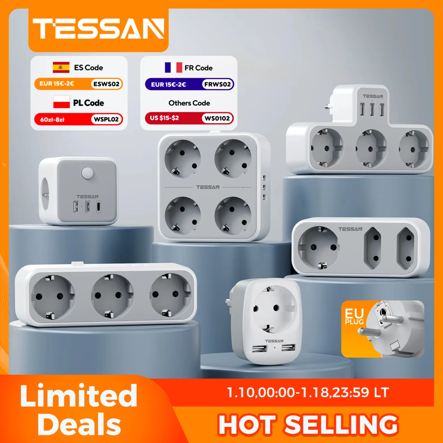 TESSAN EU Plug Power Strip with AC Outlets and USB Charging Ports Multiple Wall Socket Adapter for Home Office enchufe múltiple
