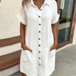 Vintage V-Neck Mini Dress in Cotton Linen for Women's Summer Fashion