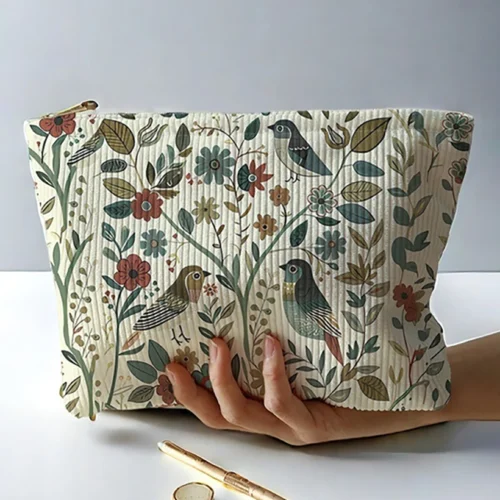 Branch Bird Pattern Corduroy Makeup Bag - Lightweight Multifunctional Cosmetic Storage