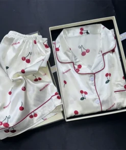 Cherries Print Two Pieces Pajamas Set Summer Faux Stain Pajamas Fashion Home Clothes Ladies Casual Shorts and Top Set Pijamas