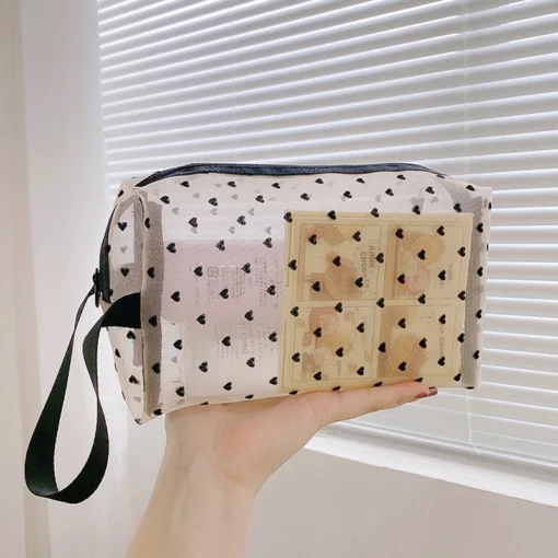 Transparent Mesh Makeup Bag with Heart Design for Portable Cosmetic Storage for Women - Image 5