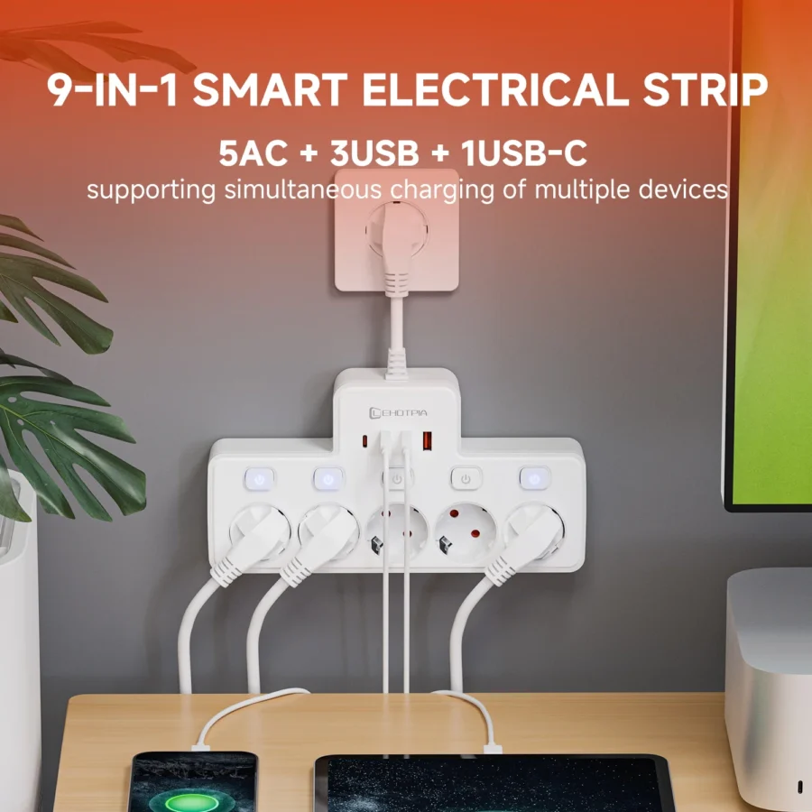 2500W EU AC Plug Power Strip Independent Switch Wall Mounted European Standard Plug Socket Network Filter With USB C Charging - Image 2