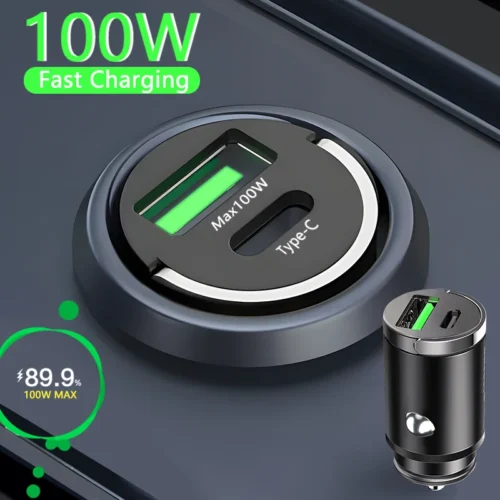 100W Fast Charging Mini Car Charger - USB Type C for iPhone, Xiaomi, Samsung, Huawei