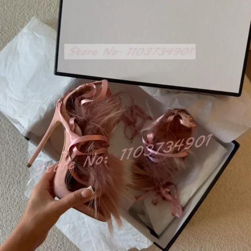 Pink Fur Wedding Sandals with Elegant Flock and Snake Strap for Women - Image 6