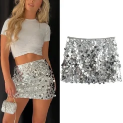 Silver Sequin Mini Skirt with High Waist Design for Elegant Y2K Fashion Enthusiasts
