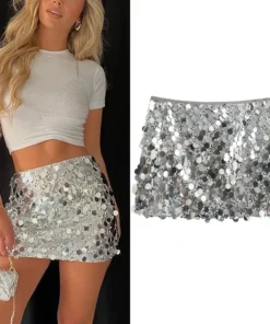 Silver Sequin High Waist Mini Skirt for Women - Elegant Y2K Fashion