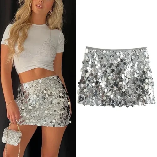 Silver Sequin High Waist Mini Skirt for Women - Elegant Y2K Fashion