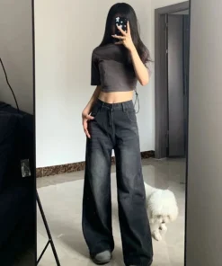 Korean Vintage High Waist Women's Bell Bottom Jeans - Black Gray Baggy Denim