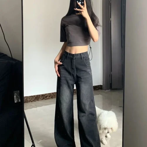 Korean Vintage High Waist Women's Bell Bottom Jeans - Black Gray Baggy Denim