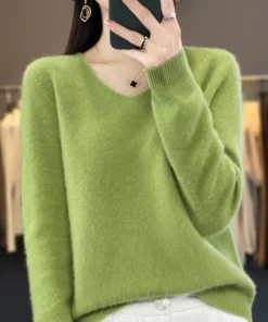 Alternative view of Fashion100% Merino Wool Sweater Cashmere Pullover Women Knitwear V-Neck Long Sleeve Autumn Winter Fashion Basic Clothing Tops