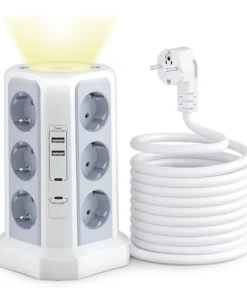 Surge Protector Multi-Socket, 4000W, 16A, with 2 USB A and 2 USB C Ports, 2m Extension Cable, Gray Model with Night Light