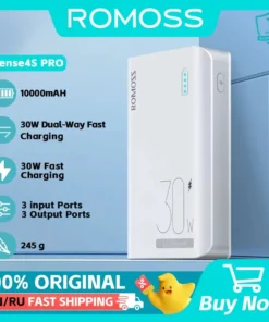 ROMOSS 10,000 mAh Power Bank with 30W Fast Charging - Portable Battery Charger for Smartphones