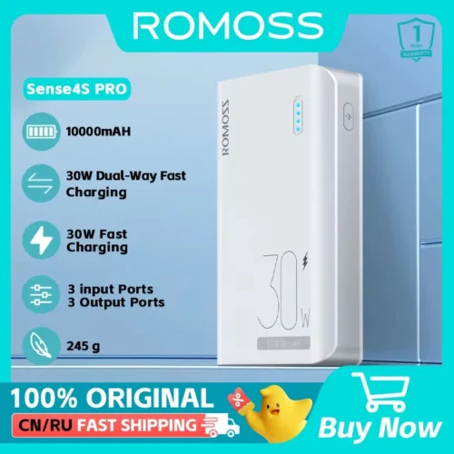 ROMOSS 10,000 mAh Power Bank with 30W Fast Charging - Portable Battery Charger for Smartphones
