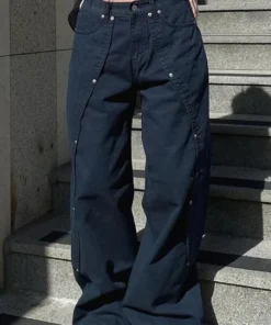 Alternative view of Vintage Retro Wide Leg Jeans for Women - Relaxed Fit with Rivet Patchwork and Split Design