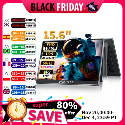HGFRTEE 15.6" Portable 1080P Monitor with HDMI and USB-C for Gaming and Extended Display