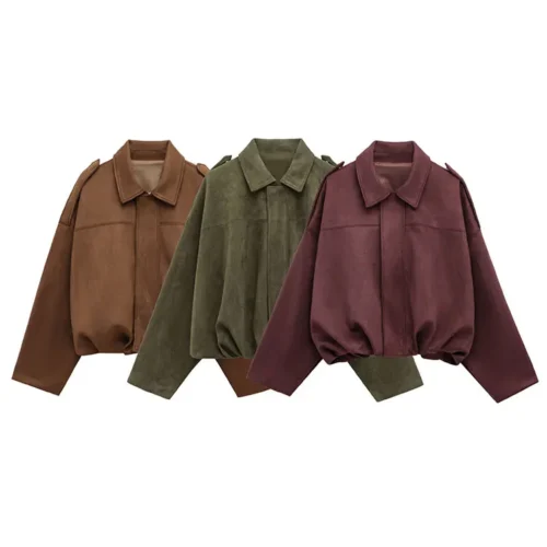 Alternative view of HH Women’s Casual Suede Bomber Jacket - Brown/Green