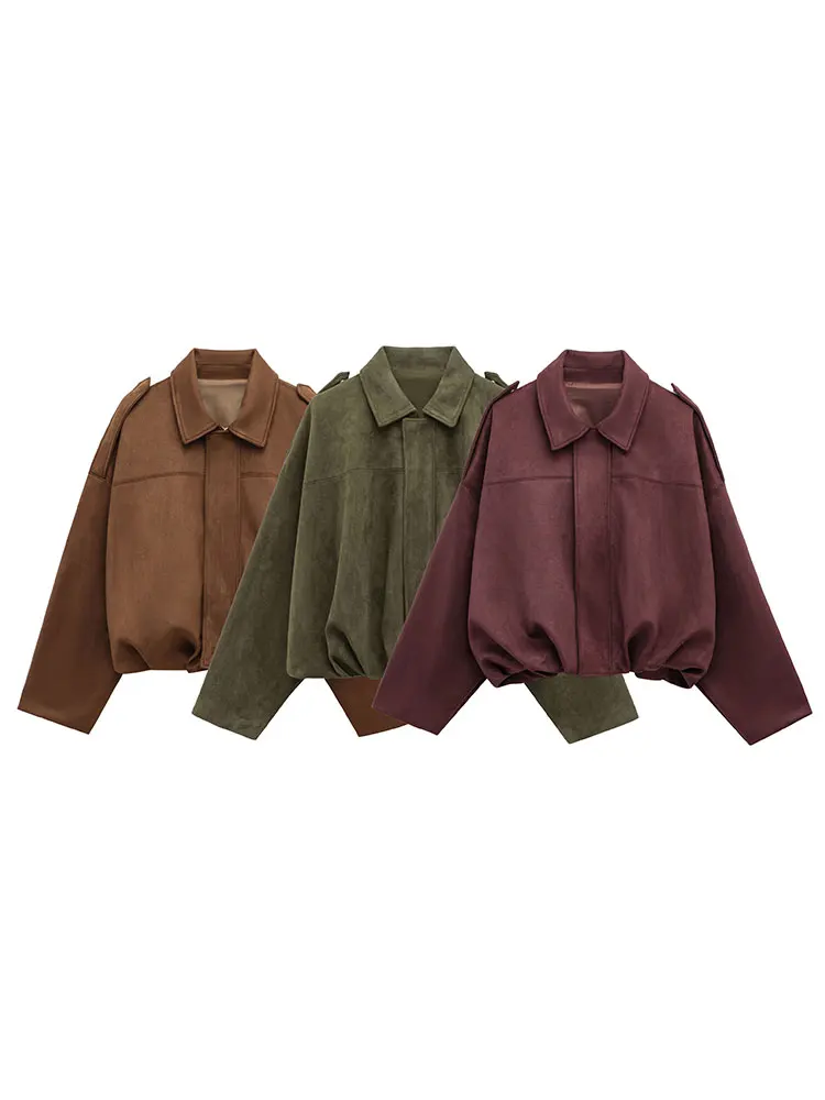 HH Women’s Casual Suede Bomber Jacket - Brown/Green - Image 2