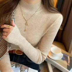 Mock Neck Knit Sweater with Vintage Solid Design for Women
