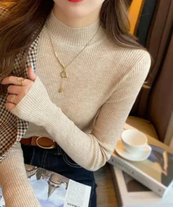 Autumn Winter Mock Neck Women Sweater Vintage Basic Solid Knitted Korean Tops Casual Slim Pullover Sweaters Simple Chic Jumpers