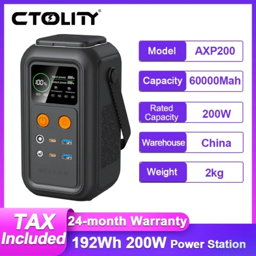 CTOLITY 200W Portable Power Station - 192Wh LiFePO4 Battery, Dual USB Type-C Ports for Camping and Emergency Use
