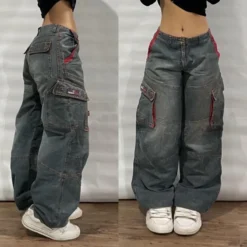 Multi-Pocket Baggy Jeans with High Waist and Wide Leg for Men and Women in Y2K Hip-Hop Style