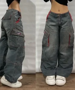 Streetwear Multi-Pocket Washed Baggy Jeans for Men and Women - High Waist, Wide Leg, Y2K Hip-Hop Style