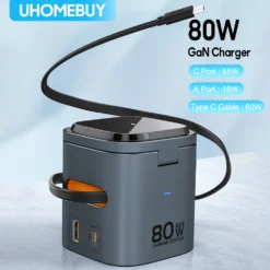 6-in-1 GaN Charging Station with 60W PD and Retractable Cable for iPhone and Laptops