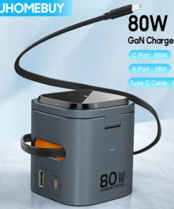 80W 6-in-1 GaN Charging Station Wireless Adapter With Type C PD 60W Retractable Charging Cable Fast Charger for iPhone Laptops