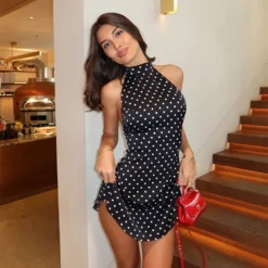 Halter Neck Mini Dress with Dot Print and Backless Design for Women