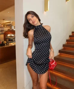 Halter Dot Printed Dresses For Women Fashion Sexy Streetwear Backless Sleeveless O-Neck Sheath Mini Vestidos Robes Female Slim