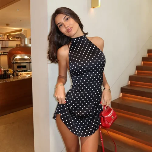 Halter Dot Printed Dresses For Women Fashion Sexy Streetwear Backless Sleeveless O-Neck Sheath Mini Vestidos Robes Female Slim