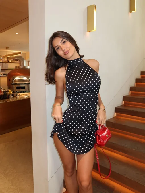 Halter Neck Mini Dress with Dot Print and Backless Design for Women - Image 7