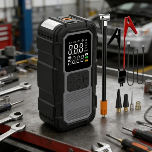 Car Emergency Jump Starter With Air Compressor Fast Charging Car Battery Power Pack With Jump Starter Cables