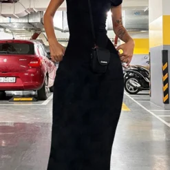 Alternative view of Backless Maxi Dress with Elegant Elastic and Slim Short Sleeves for Women