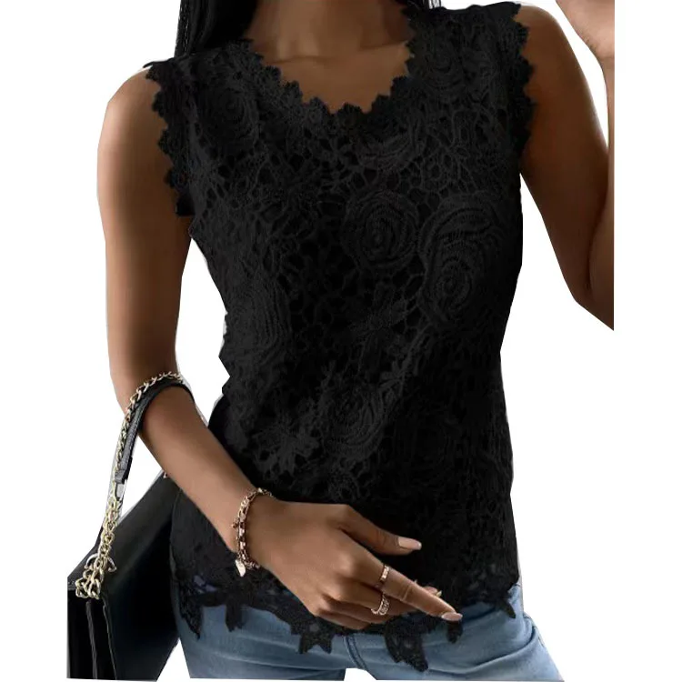 Sleeveless Lace Floral Blouse with Round Collar for Women - Spring Summer Office Camisole - Image 5