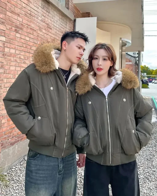Parka Jacket with Thicken Padded Fur Collar for Men and Women in Winter Streetwear Style - Image 4