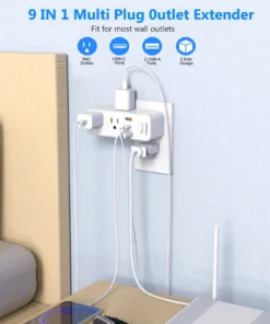 Alternative view of 360°Rotating Plug US Power Strip with 6 AC Outlets 3 USB Ports 1 Type-C,Multiple Wall Socket with Switch Network Filter for Home