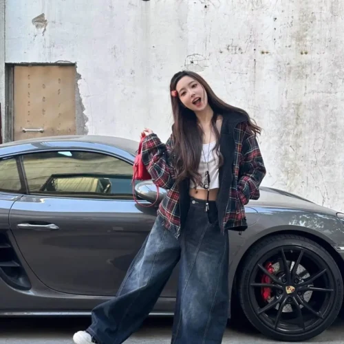 Alternative view of Chic Embroidered Denim Jeans for Women - Vintage Washed, Loose Fit, Straight Leg