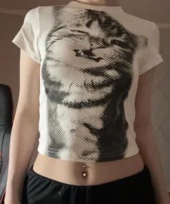 Harajuku Animal Print Crop Top Basic White Short Sleeve Crewneck T-shirt Women Casual Slim-fitting Tees Lady y2k Vintage