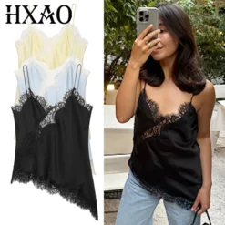 Asymmetrical Lace Tank Top for Women, Sleeveless Backless Y2K Camisole in Black