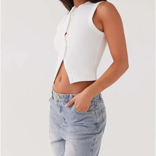 Ribbed Button Front Tank Top with Round Neck for Women's Casual Daily Wear - Image 3