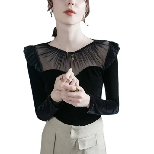 Long-Sleeved Velvet T-shirt with Mesh Panels for Women in Harajuku Fashion Style - Image 5