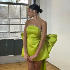 Satin Mini Dress with Detachable Bow and Pearl Accents for Girls